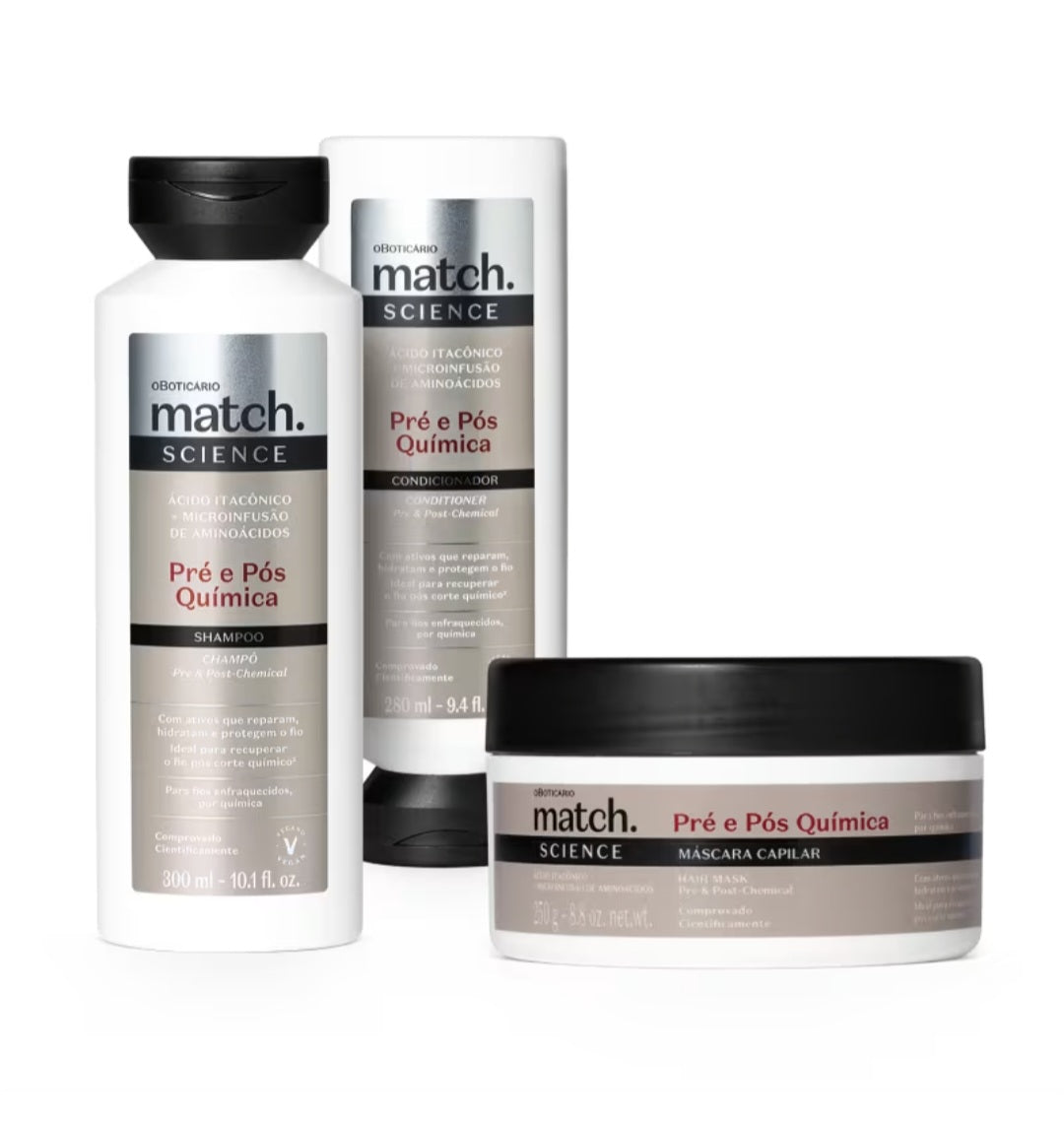 Kit de soins pré et post-traitement chimique Match Science : Shampoing 300 ml + Masque capillaire 250 g + Après-shampoing 280 ml